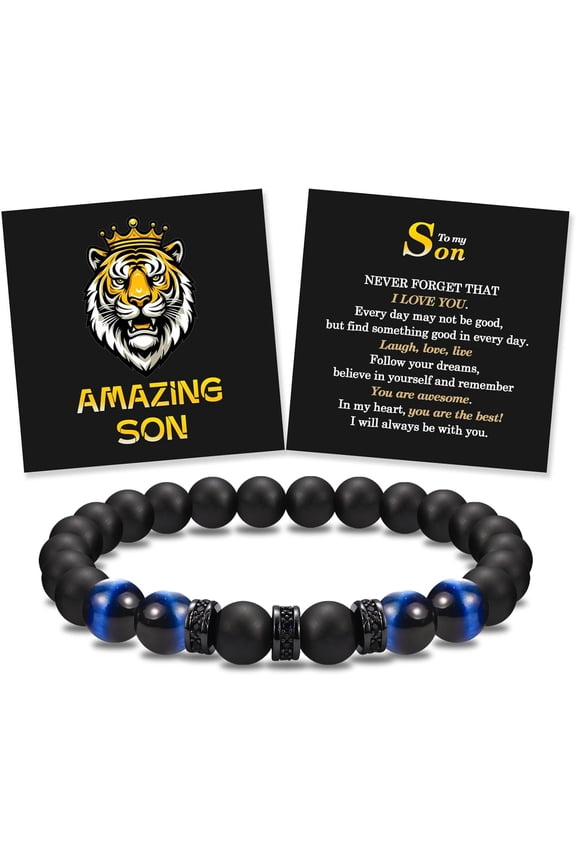 To My Son Grandson Brother Friend Dad Husband Uncle Stepdad Son-in-Law Father-in-Law Bracelet Gifts, Elastic Rope Beads Bracelet for Boys Men on Birthday Christmas Valentines Graduation Fathers
