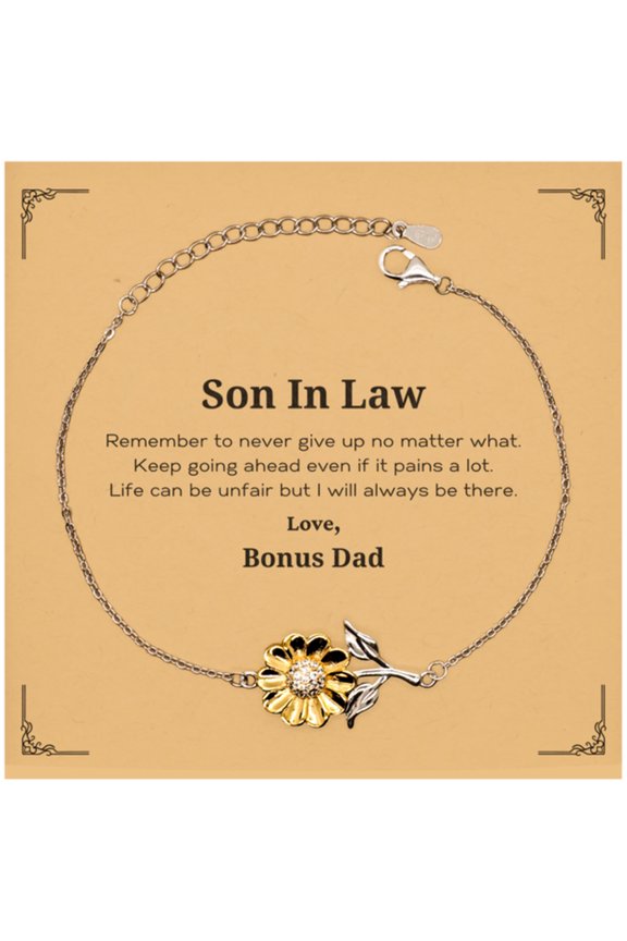Son In Law Motivational Gifts from Bonus Dad, Remember to never give up no matter what, Inspirational Birthday Sunflower Bracelet for Son In Law