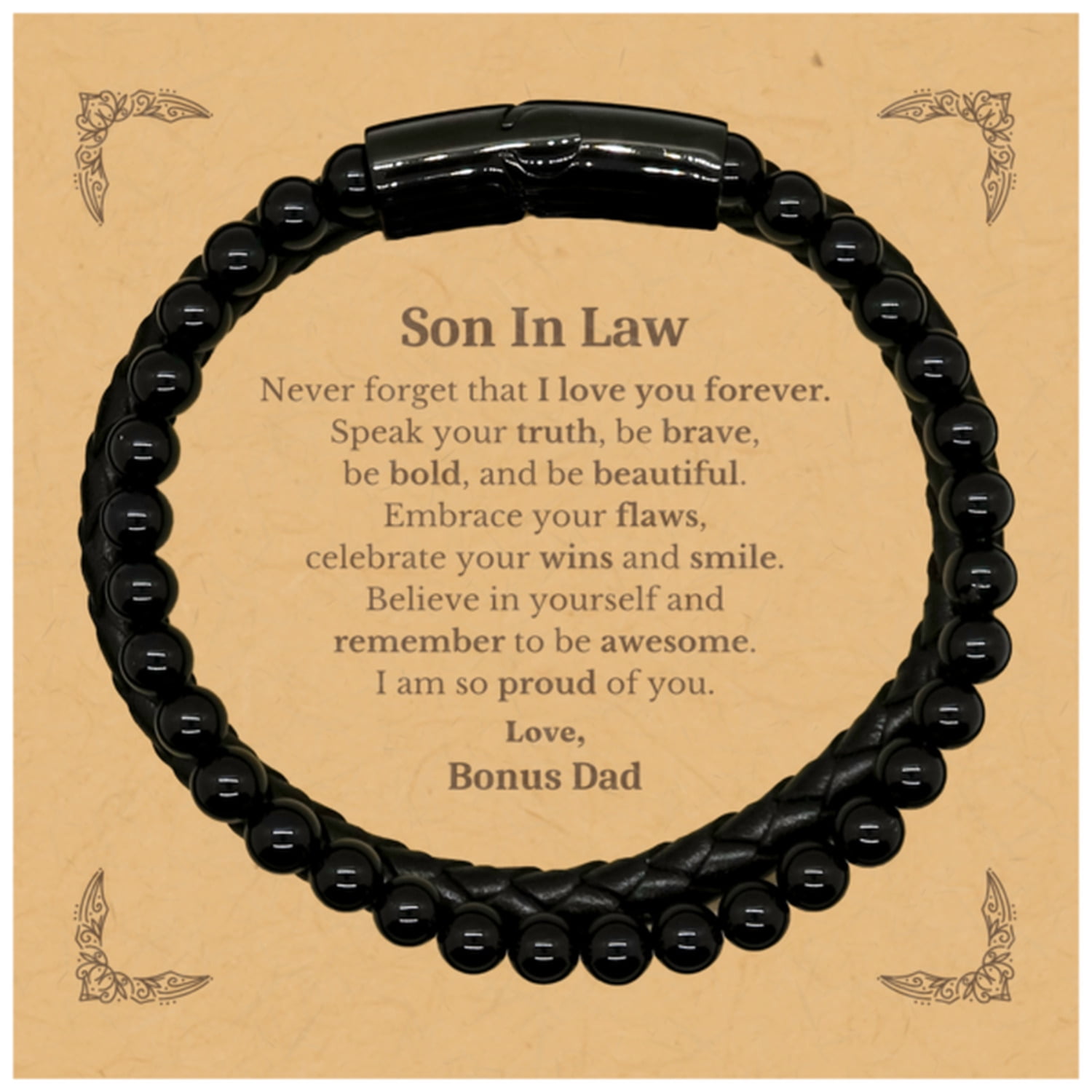To My Son Bracelet - Tiger Eye & Leather Protection Bracelet For Men, Engraved Gift From Mom