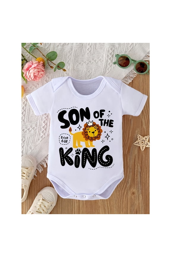 Son of the King Lion Graphic Baby Bodysuit - 100% Cotton Soft Stretchy Newborn Infant Romper with Playful Letter Print, All-Season Casual Outfit for 0-3 Years, Perfect Pregnancy Gift