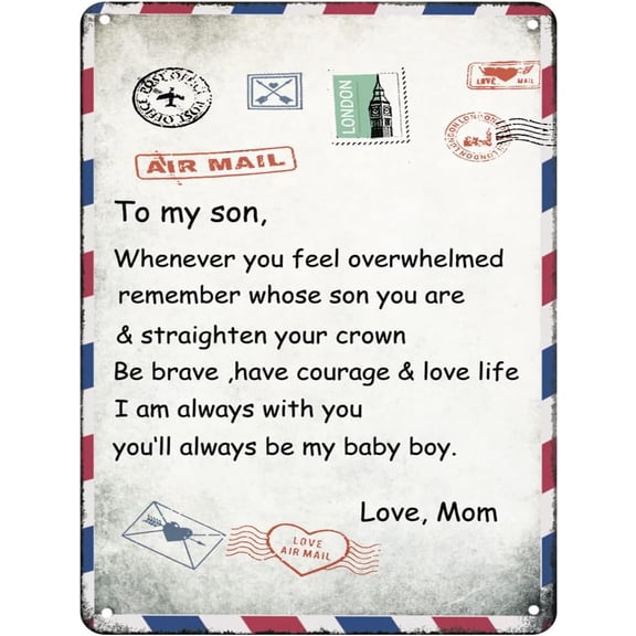 to My Son Letter Printed Vintage Tin Sign Mom for Son Air Mail Wall Sign Son Letter Sign Positive Encourage Love Son's Wall Art For Bedroom Decor Christmas Birthday Gift For Son 12x16 inches