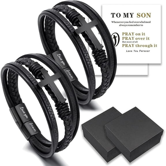 to My Son- Love You Forever Pray Through It Leather Cross Bracelet, Inspirational Bracelets, Men's Leather Stainless Steel Black Braided Leather Bracelet, Jewelry Gift for Son
