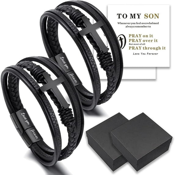 to My Son- Love You Forever Pray Through It Leather Cross Bracelet, Inspirational Bracelets, Men's Leather Stainless Steel Black Braided Leather Bracelet, Jewelry Gift for Son