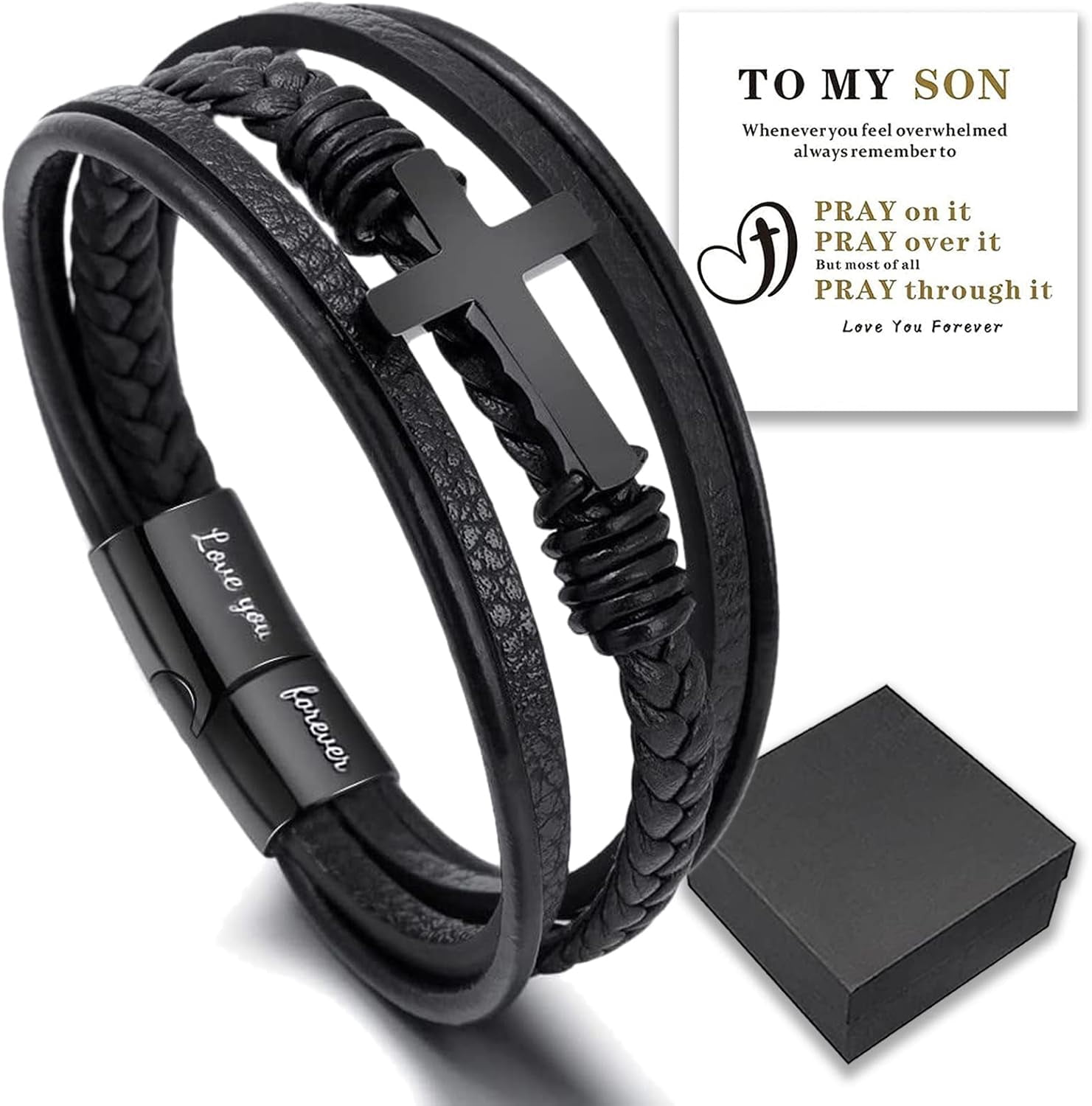 to My Son- Love You Forever Pray Through It Leather Cross Bracelet, Inspirational Bracelets, Men's Leather Stainless Steel Black Braided Leather Bracelet, Jewelry Gift for Son