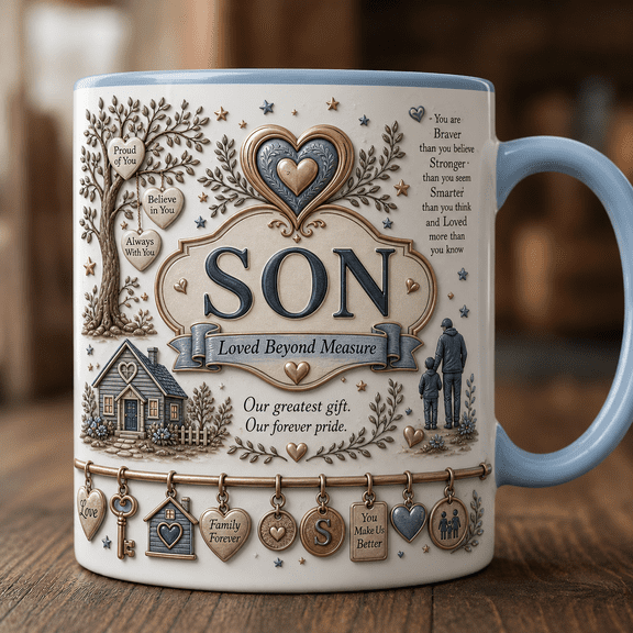 Son Mug Family Heart Design Coffee Cup Gift from Parents with Name Plaque Style