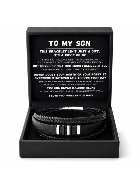 To My Son - Never Walk Alone Braided Bracelet Set Leather Bracelets for Men from Mom Dad Gifts Meaningful with Heartfelt Message Elegant Box Anniversary Graduation Christmas Birthday