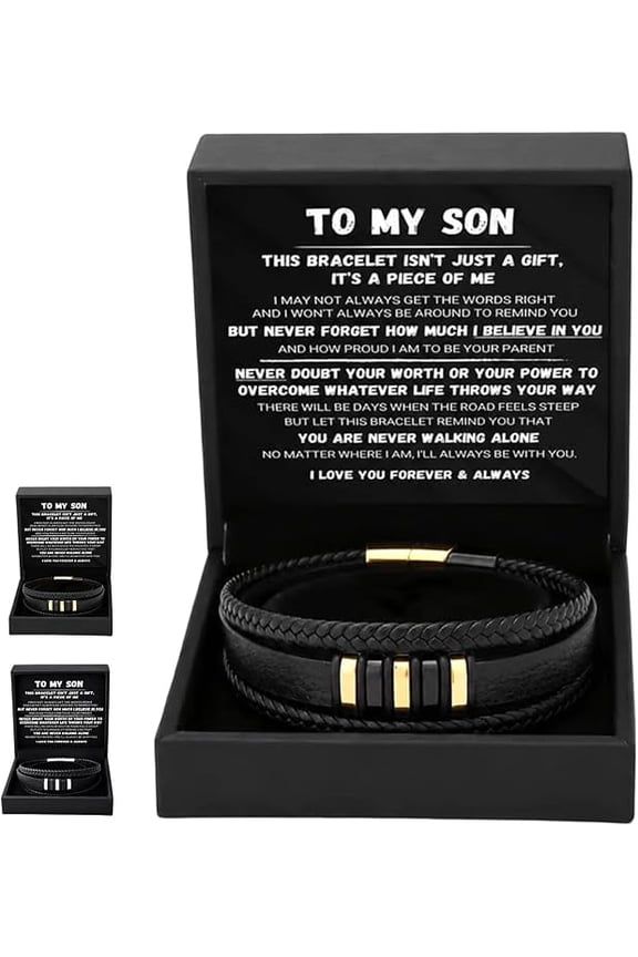 To My Son Never Walk Alone Braided Bracelet Set, Personalized Engraved Mens Leather Bracelet with Message Card & Gift Box, Birthday Graduation Christmas Gift