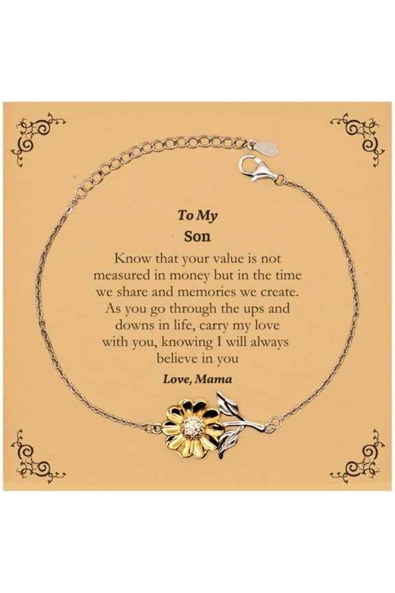 Son Sunflower Bracelet Gift for Birthday Inspirational Quote from Mom, Unique Jewelry for Him, Graduation Gift to Express Love and Confidence, Meaningful Christmas Gift with Engraved Message
