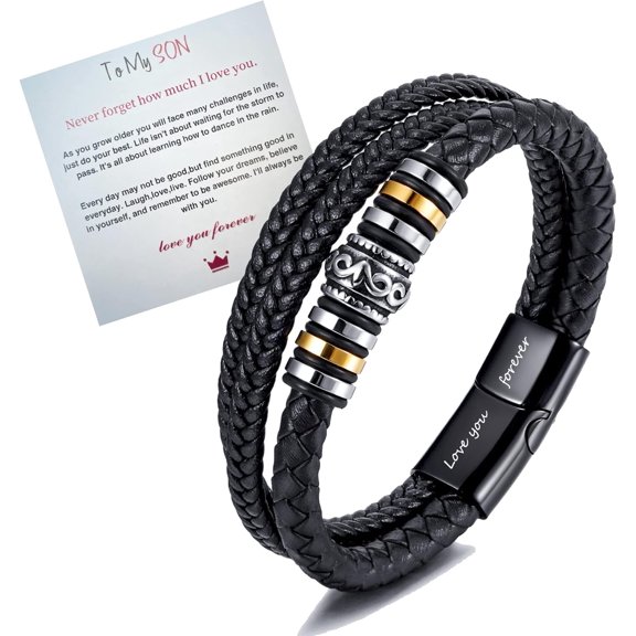To My Son/To My Grandson Bracelet,Mens Leather Bracelet with Stainless Steel Clasp,Multi-Layer Braided Genuine Leather Bracelet Inspirational Wristband,Mens Bracelet(8.3inch)