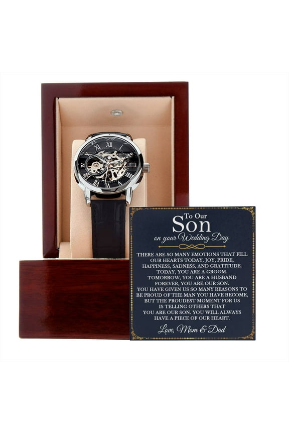 To Our Son on Your Wedding Day, Openwork Watch for Son Getting Married, Wedding Gift for Son from Mom & Dad, Wedding Gift to Son - Men's Openwork Watch - Mahogany Gift Box