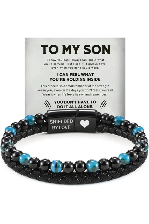 Son's Tiger Eye Protection Bracelet for Men, To My Son Bracelet from Mom Leather Black Beaded Bracelet, Handmade Cuff Inspirational Jewelry for Gift for Christmas Birthday
