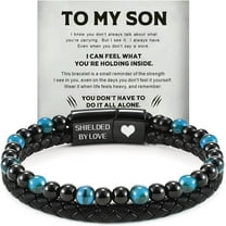 Son's Tiger Eye Protection Bracelet for Men, To My Son Bracelet from Mom Leather Black Beaded Bracelet, Handmade Cuff Inspirational Jewelry for Gift for Christmas Birthday