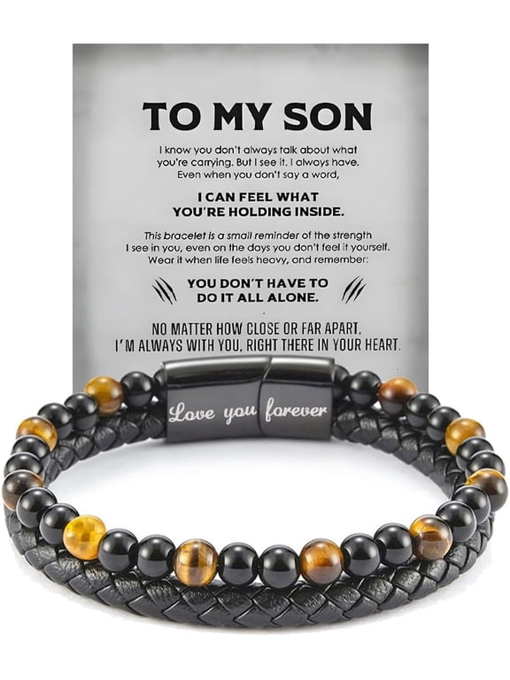 Son's Tiger Eye Protection Bracelets For Men, To My Son Bracelet from Mom Leather Black Beaded Bangle Engarved With Love You Forever Cuff Jewelry Gift for Birthday Christmas