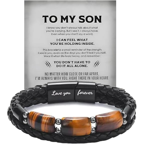 Son's Tiger Eye Protection Bracelets For Men, To My Son Bracelet from Mom Leather Black Beaded Bangle Engarved With Love You Forever Cuff Jewelry Gift for Birthday Christmas