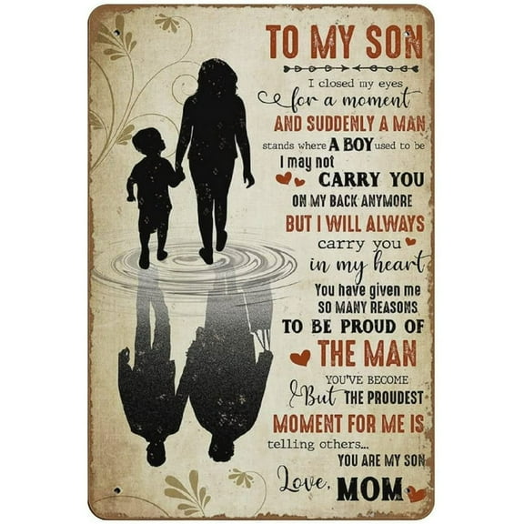 to My Son tin Sign Wall Art Mom and Son Poster Carry You in My Heart Gift from Mom Son Gift Son Graduation Poster Love Son tin Sign Novelty?Retro Vintage Auto License Plate Tin Sign 8"x12"