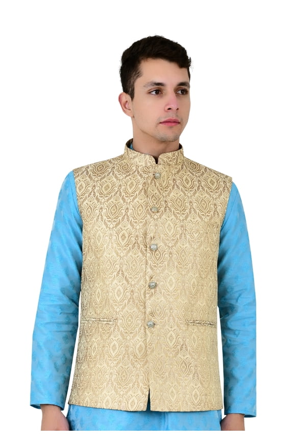 Men's Brocade Waistcoat Bandhgala Festive Jacquard Nehru Jacket, Color: Beige1, Size: 44