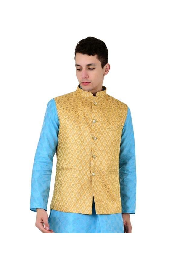 Men's Brocade Waistcoat Bandhgala Festive Jacquard Nehru Jacket, Color: Beige3, Size: 36