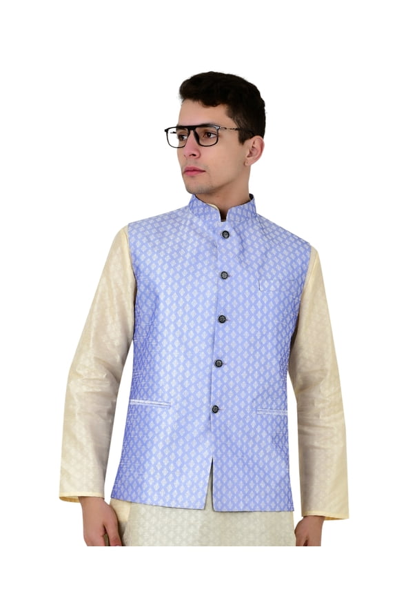 Men's Brocade Waistcoat Bandhgala Festive Jacquard Nehru Jacket, Color: Blue, Size: 44