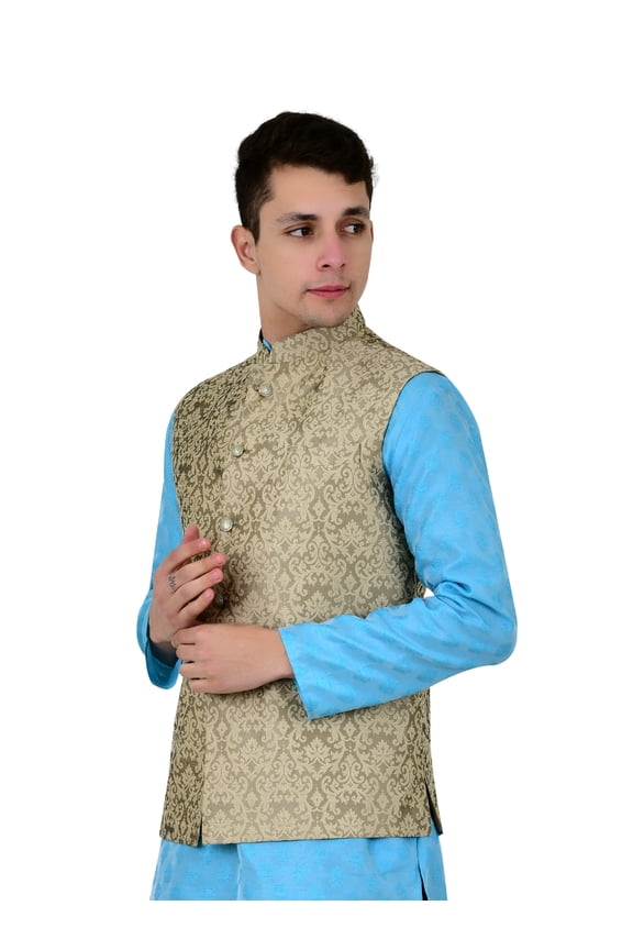 Men's Brocade Waistcoat Bandhgala Festive Jacquard Nehru Jacket, Color: Dark Beige, Size: 42