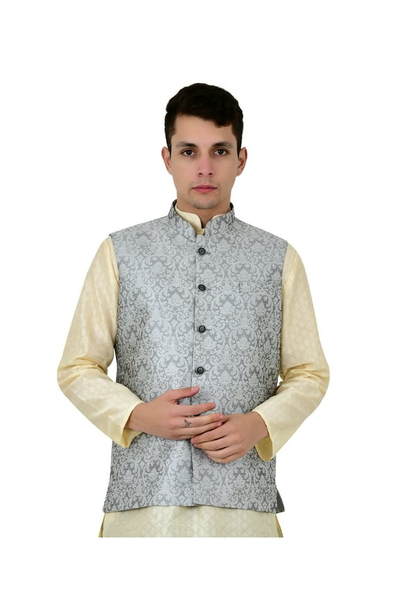 Men's Brocade Waistcoat Bandhgala Festive Jacquard Nehru Jacket, Color: Gray, Size: 38
