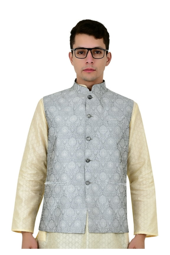 Men's Brocade Waistcoat Bandhgala Festive Jacquard Nehru Jacket, Color: Gray, Size: 42