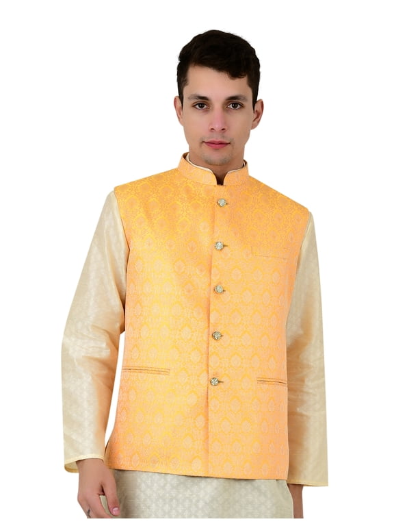 Men's Brocade Waistcoat Bandhgala Festive Jacquard Nehru Jacket, Color: Yellow, Size: 44
