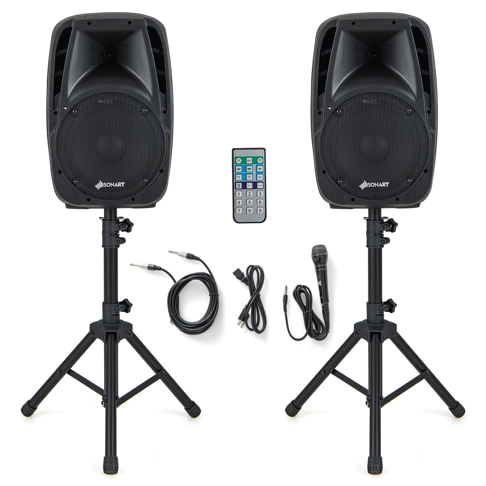 Sonart Dual 10 Protable 1600W Powered Speakers w Mic Speaker Stands Control