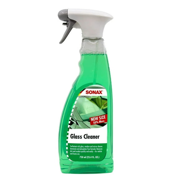 Sonax Glass Cleaner eradicates exhaust road grime, insects, and exhaust film from windshields, windows, mirrors, household windows and other glass surfaces