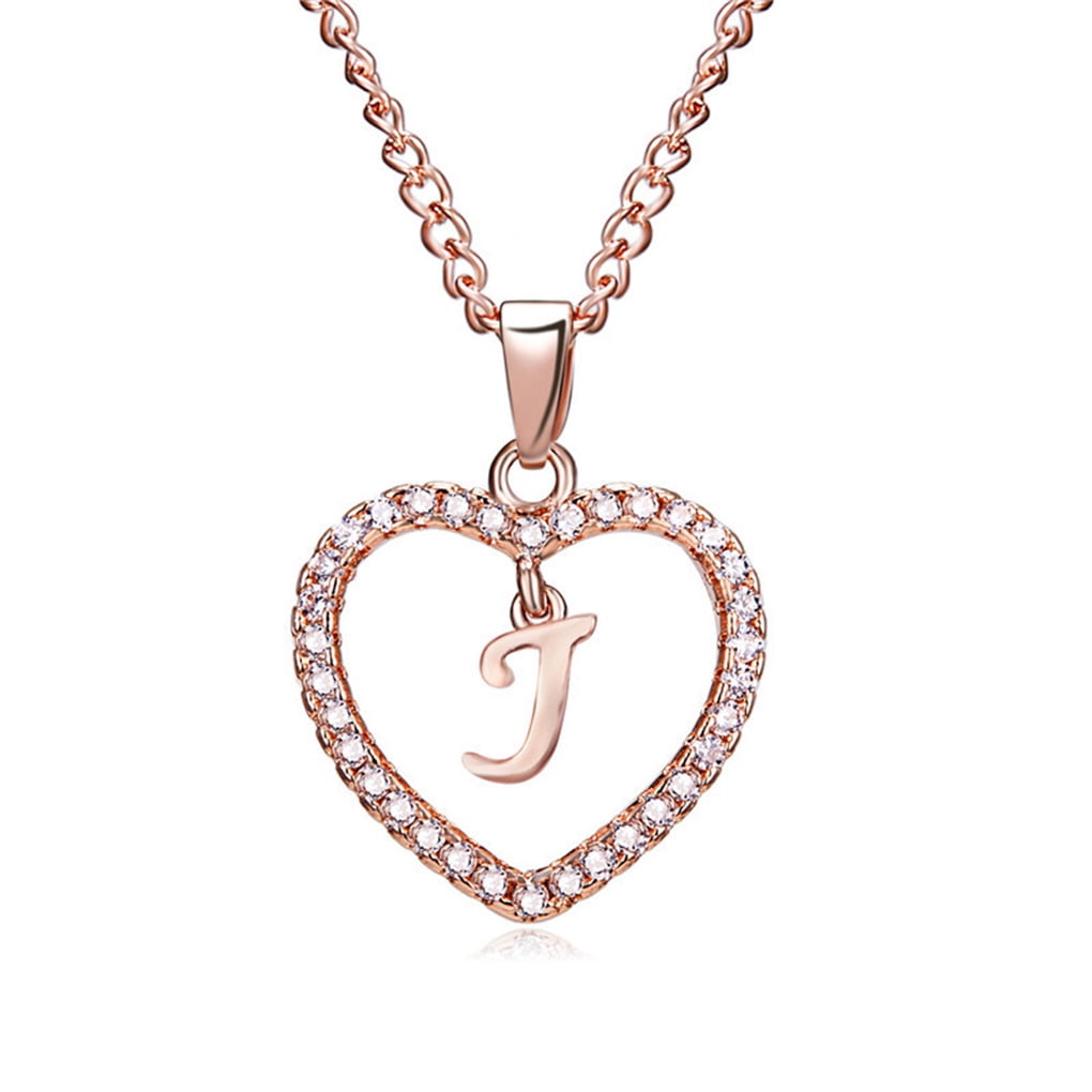 Sonceds 26 Letters J Heart Shape Pendant Necklace Rhinestone Rose
