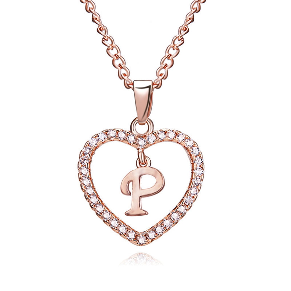 26 Letters R Heart Shape Pendant Necklace Rhinestone Rose Golden