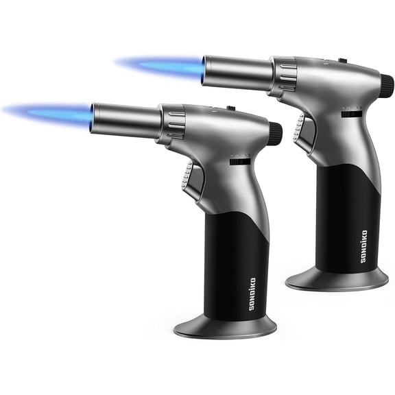 Sondiko Powerful DUAL Style Flame Butane Torch Lighter 2 Pack, Adjustable Flame, Refillable Blow Torch with Continuous Flame Lock for Cooking(Butane Is Not Included)
