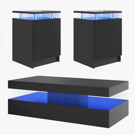 Sonegra 3-Piece Living Room Coffee Table Set, Including A Modern Coffee Table and 2 LED End Tables with Storage Drawers, Black