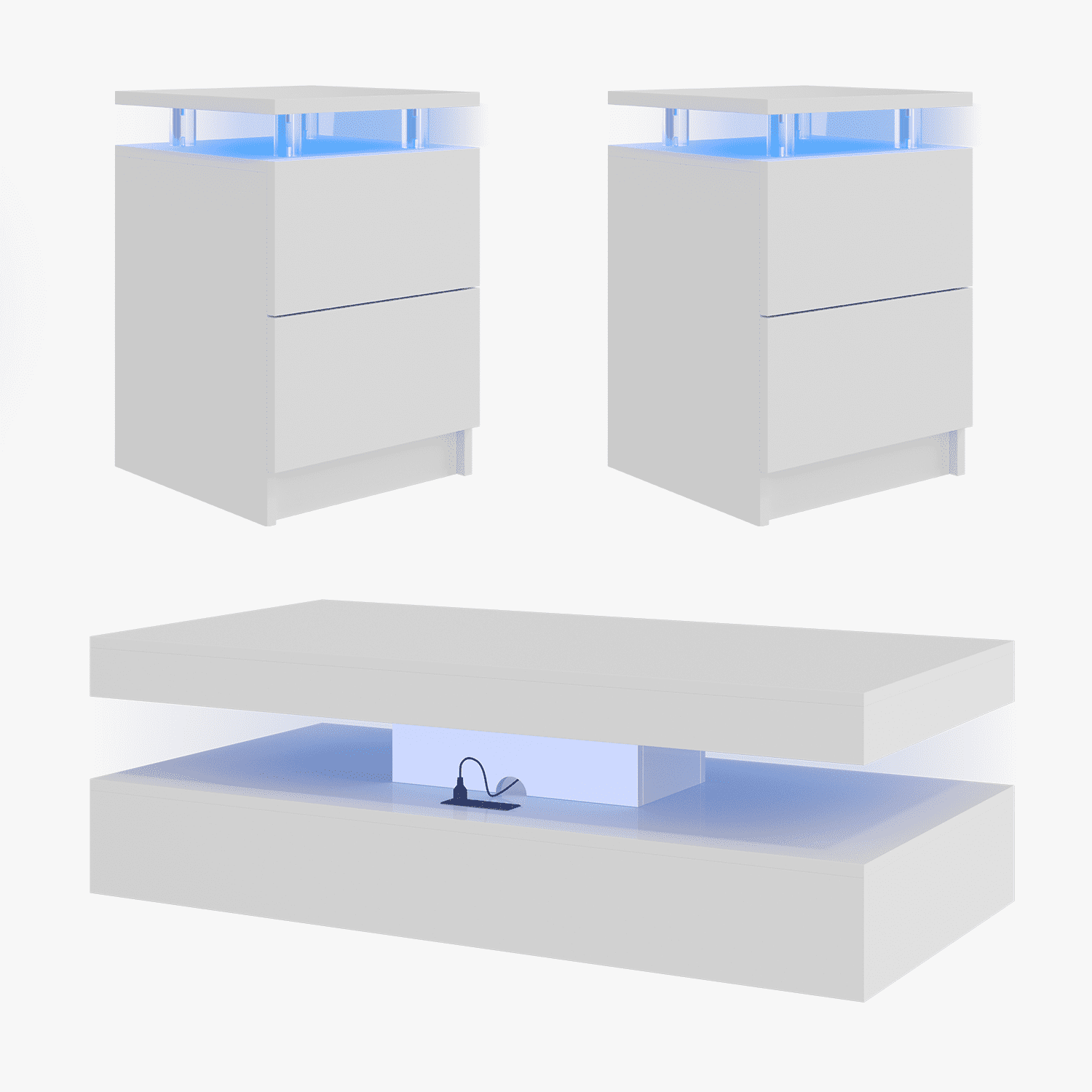 Sonegra 3-Piece Living Room Coffee Table Set, Including A Modern Coffee Table and 2 LED End Tables with Storage Drawers, White