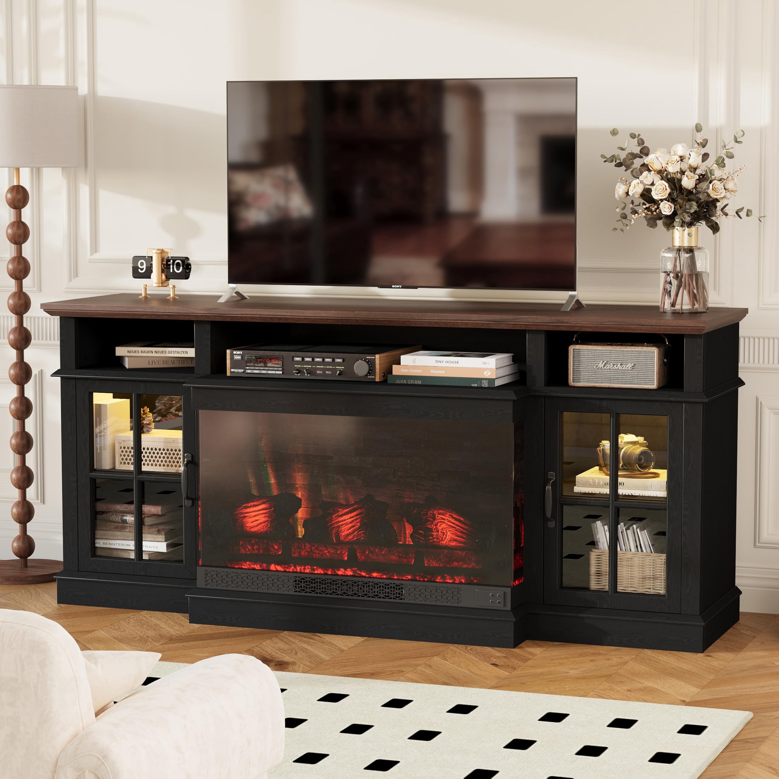 Sonegra 36 Inch Fireplace TV Stand with LED Light, Entertainment Center with 3-Sided Glass Fireplace for TVs up to 80", TV Console, Black