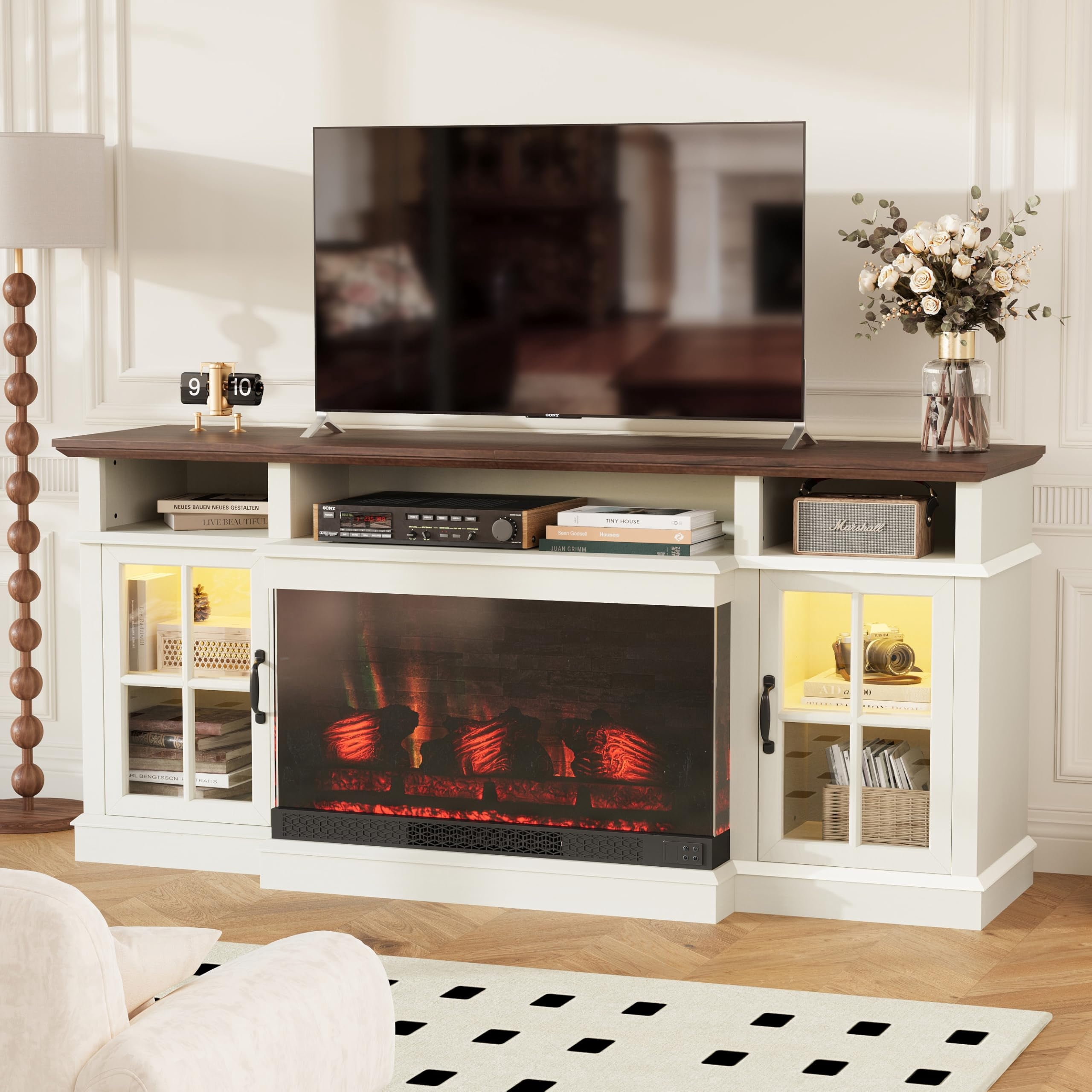 Sonegra 36 Inch Fireplace TV Stand with LED Light, Entertainment Center with 3-Sided Glass Fireplace for TVs up to 80", TV Console, White
