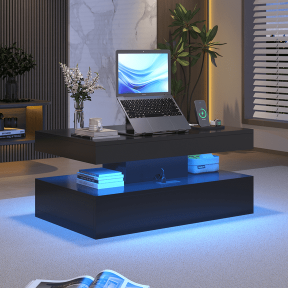 Sonegra 39" High-Glossy LED Coffee Table, Storage Coffee Table with 2 Sliding Drawers for Living Room, Modern Stylish Double-Layer Center Tables with LED Lights, Black