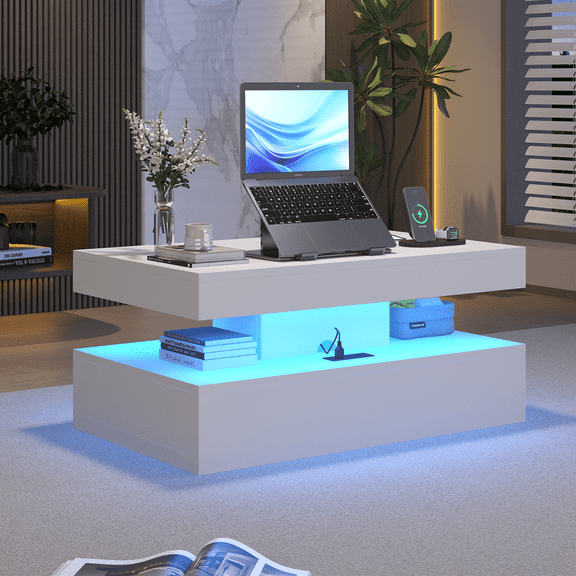 Sonegra 39" High-Glossy LED Coffee Table, Storage Coffee Table with 2 Sliding Drawers for Living Room, Modern Stylish Double-Layer Center Tables with LED Lights, White