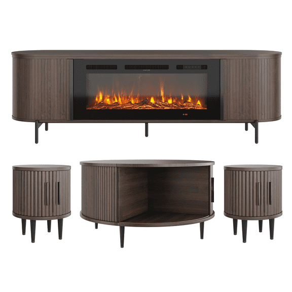 Sonegra 4-Piece Living Room Table Set Includes Mid-Century Coffee Table, Spacious 70" Fireplace TV Stand and 2 Endtables, Classic Coffee Table for Living Room, Bedroom, Brown