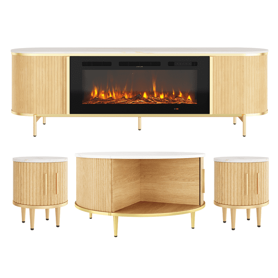 Sonegra 4-Piece Living Room Table Set Includes Mid-Century Coffee Table, Spacious 70" Fireplace TV Stand and 2 Endtables, Classic Coffee Table for Living Room, Bedroom, Wood