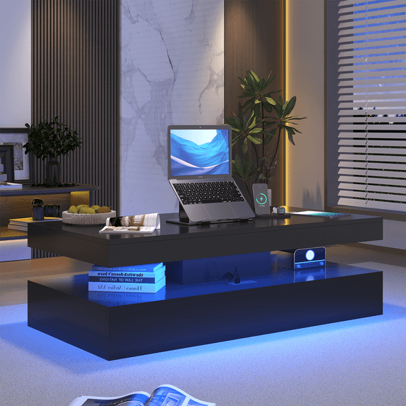 Sonegra 47" High-Glossy LED Coffee Table, Storage Coffee Table with 2 Sliding Drawers for Living Room, Modern Stylish Double-Layer Center Tables with LED Lights, Black