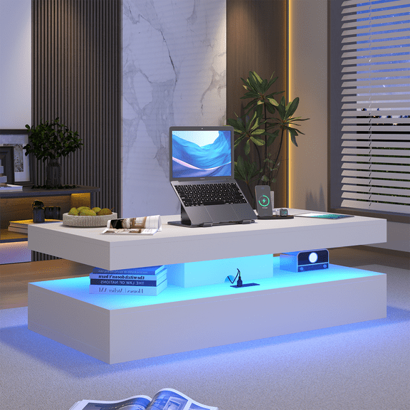 Sonegra 47" High-Glossy LED Coffee Table, Storage Coffee Table with 2 Sliding Drawers for Living Room, Modern Stylish Double-Layer Center Tables with LED Lights, White