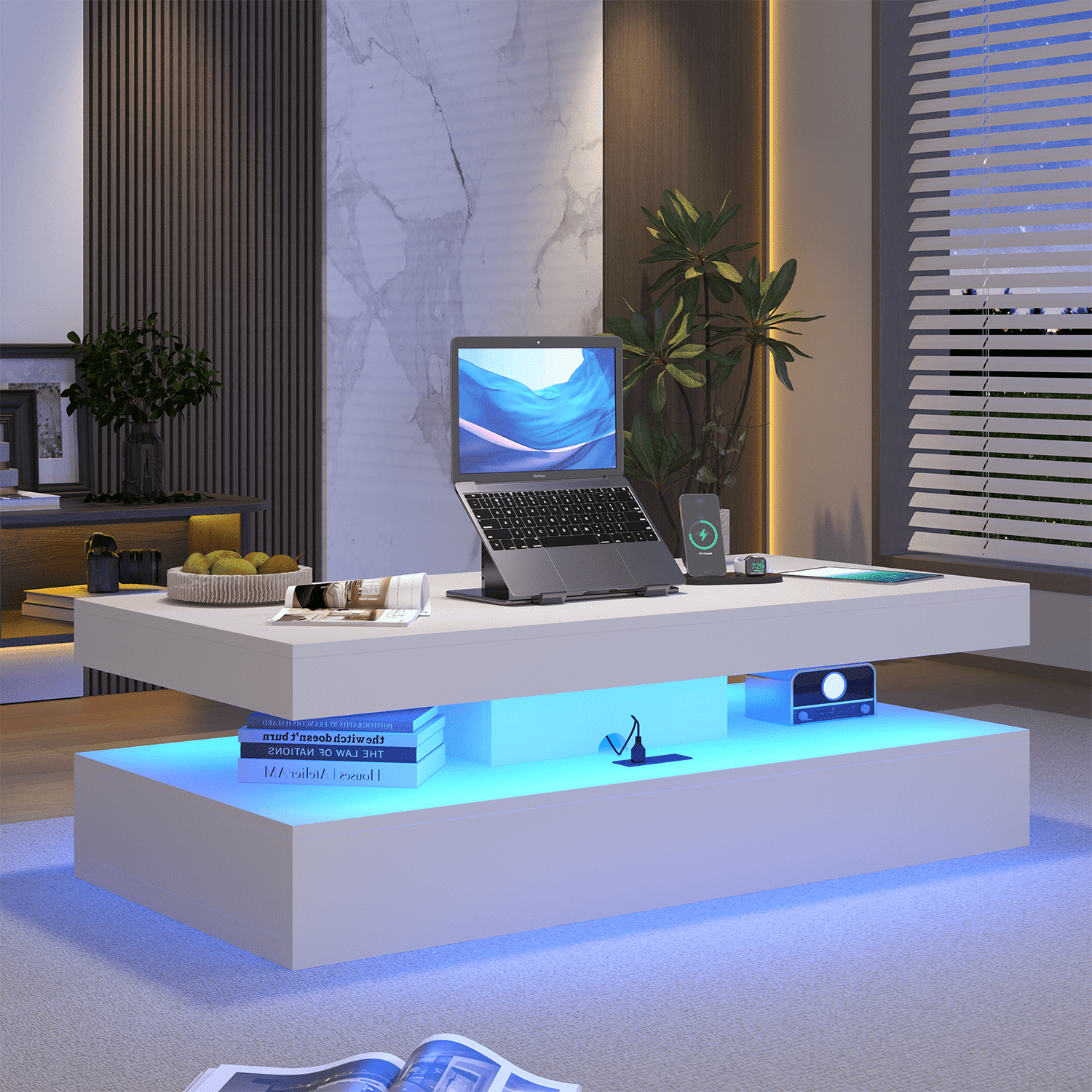 Sonegra 47" High-Glossy LED Coffee Table, Storage Coffee Table with 2 Sliding Drawers for Living Room, Modern Stylish Double-Layer Center Tables with LED Lights, White