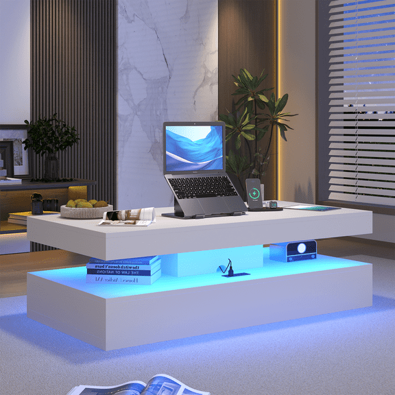 Sonegra 47" High-Glossy LED Coffee Table, Storage Coffee Table with 2 Sliding Drawers for Living Room, Modern Stylish Double-Layer Center Tables with LED Lights, White