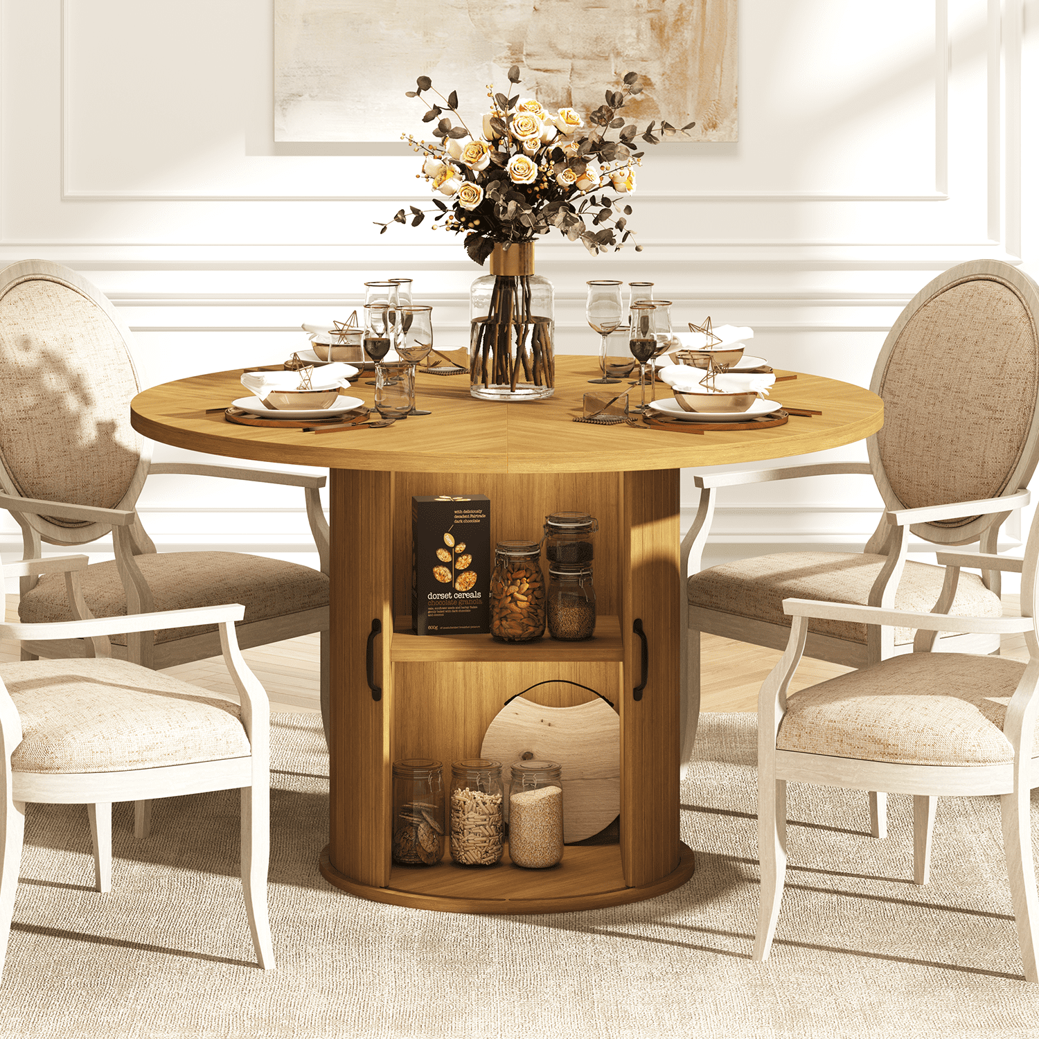 Sonegra 47“ Round Dining Table with Storage, Modern Fluted Circle Kitchen Table with 2-Layer Storage and Sliding Door, for Kitchen Living Room, Natural