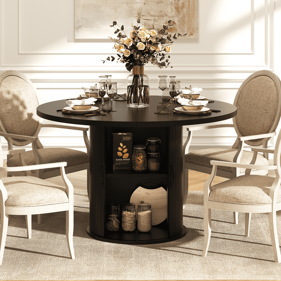 Sonegra 47-inch Round Dining Table with Storage, Modern Fluted Circle Kitchen Table with 2-Layer Storage and Sliding Door, for Kitchen Living Room, Black