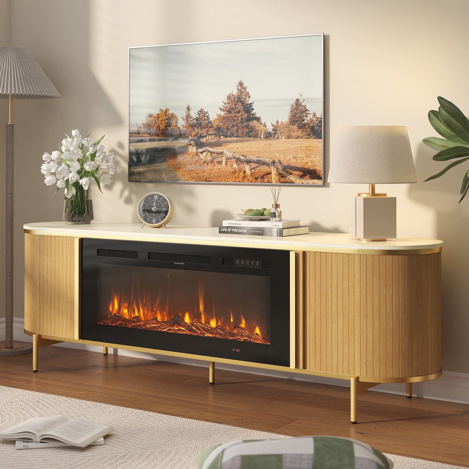 Sonegra 70" Fireplace TV Stand, Modern Entertainment Center for TVs Up to 80", TV Console Table for Living Room, Media Cabinet with Storage,70 Inch, Oak