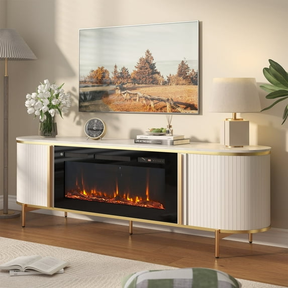 Sonegra 70" Fireplace TV Stand, Modern Entertainment Center for TVs Up to 80", TV Console Table for Living Room, Media Cabinet with Storage,70 Inch, White