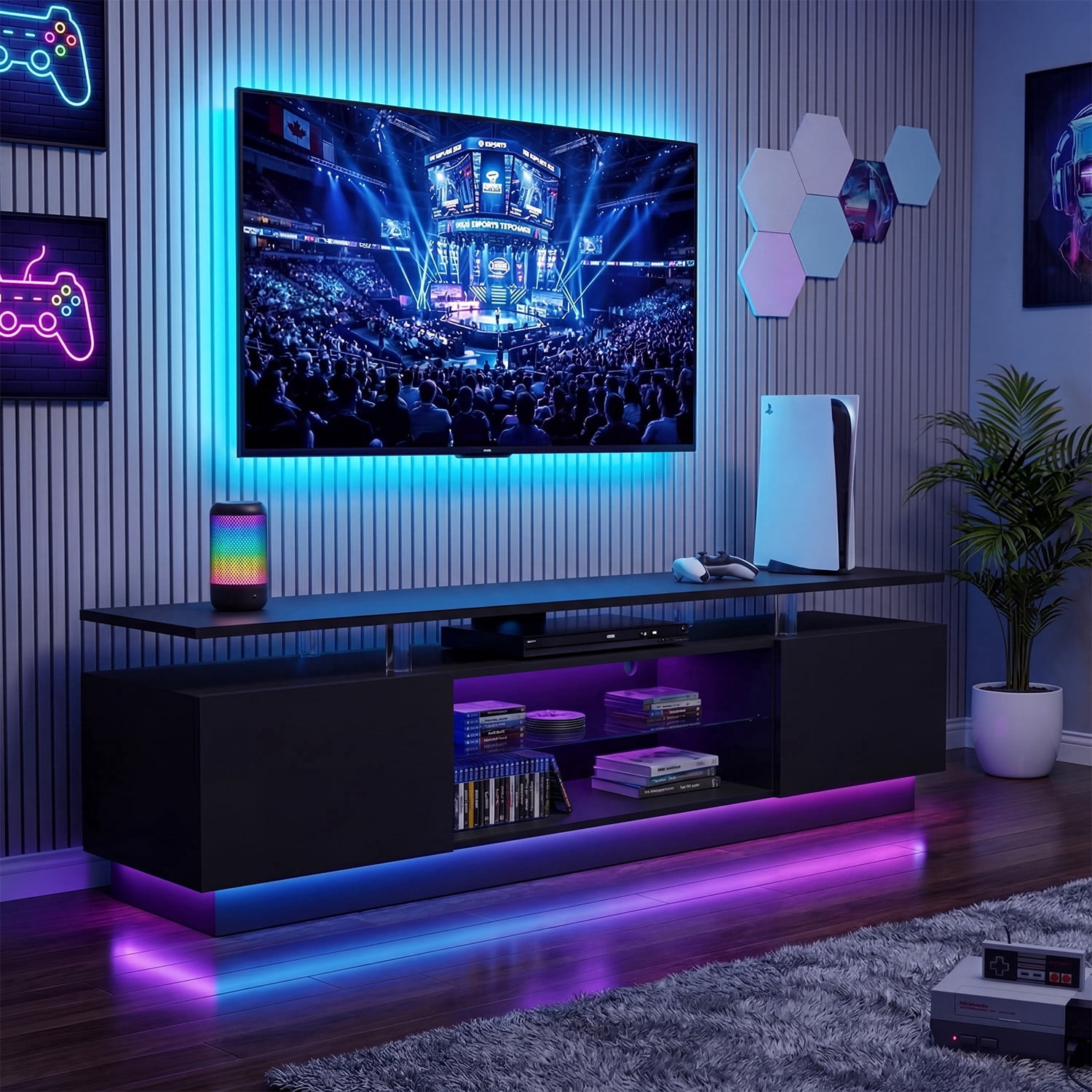 Sonegra 70” High-Glossy TV Stand with 2 Side Cabinets, Modern Stylish TV Console with 3 Layer LED Lights,Gaming TV Media Console with Adjustable Glass Shelf, Black