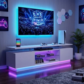 Sonegra 70” High-Glossy TV Stand with 2 Side Cabinets, Modern Stylish TV Console with 3 Layer LED Lights,Gaming TV Media Console with Adjustable Glass Shelf, White