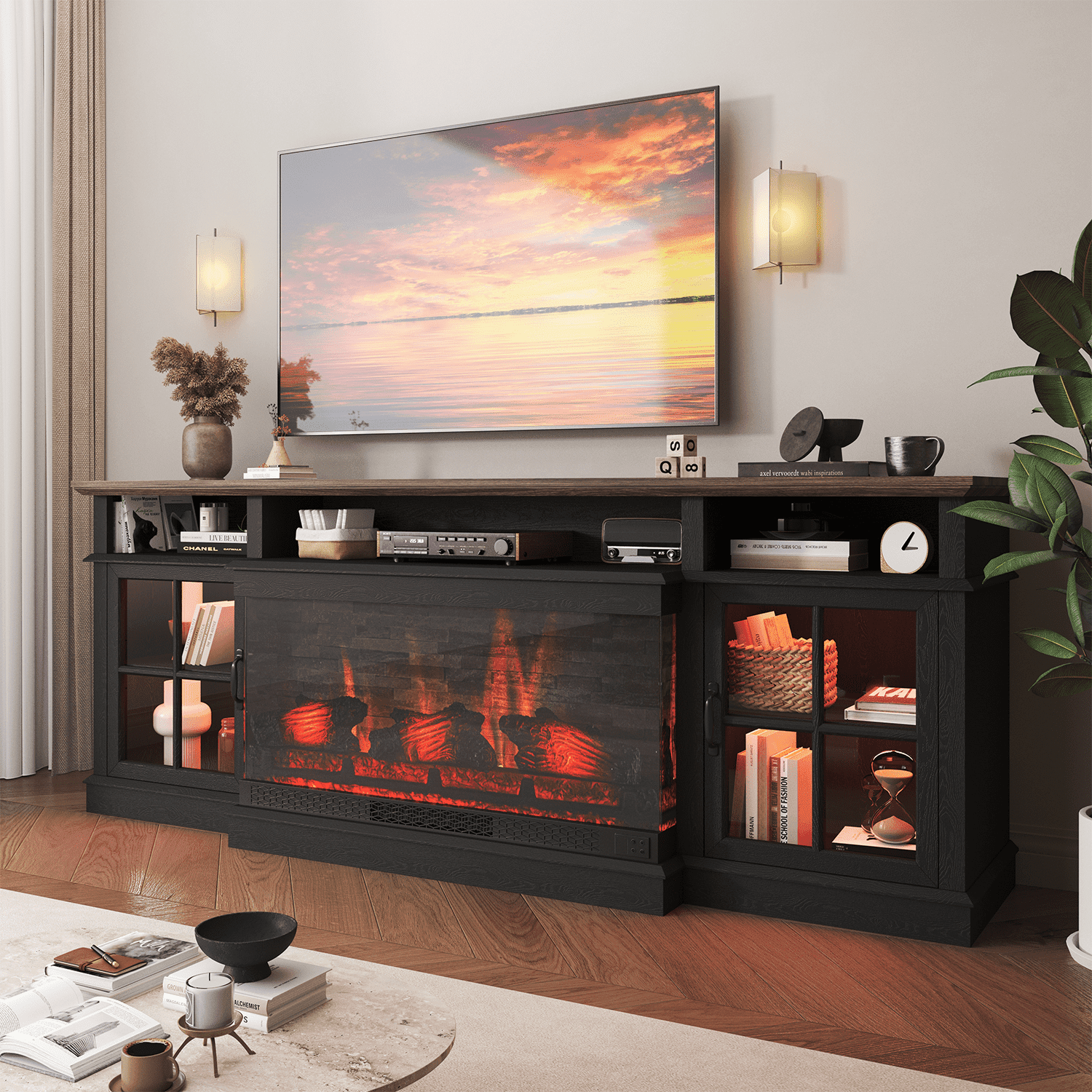 Sonegra 70 inch Fireplace TV Stand for TVs up to 80" with Electric Fireplace, Farmhouse Entertainment Center with LED Lights and Glass Door, Modern TV Consoles for Living Room, Black